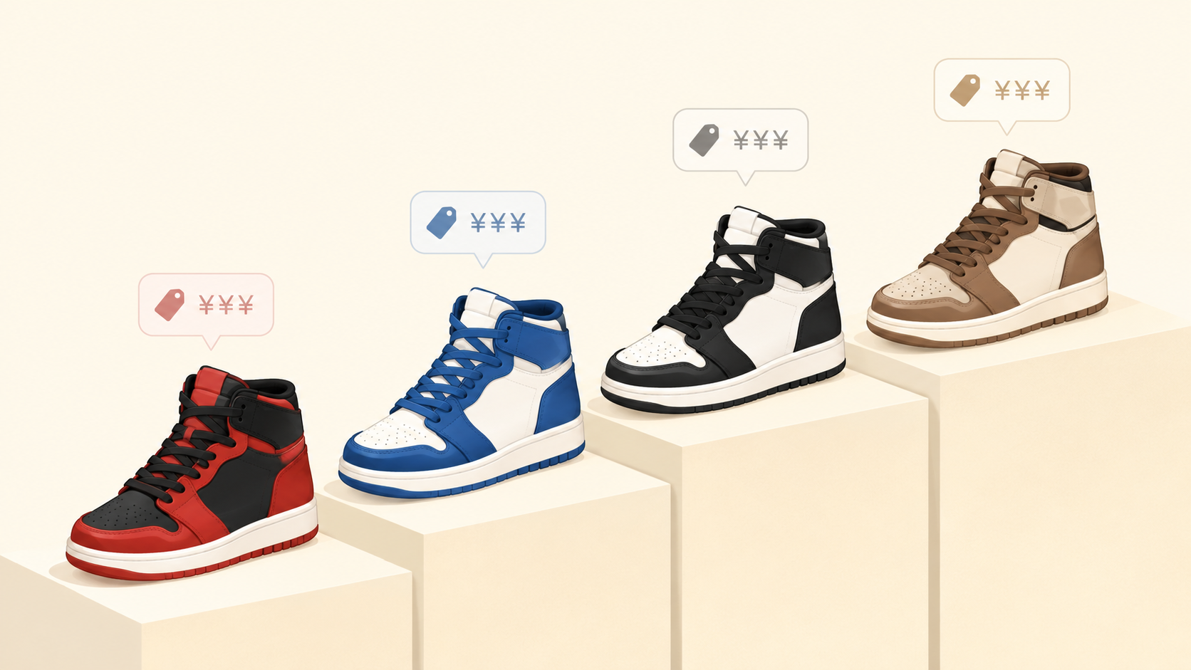 Air Jordan 1 カラー別 中古相場ガイドを示すヒーロー画像（ハイカットスニーカー4色階段状配置）