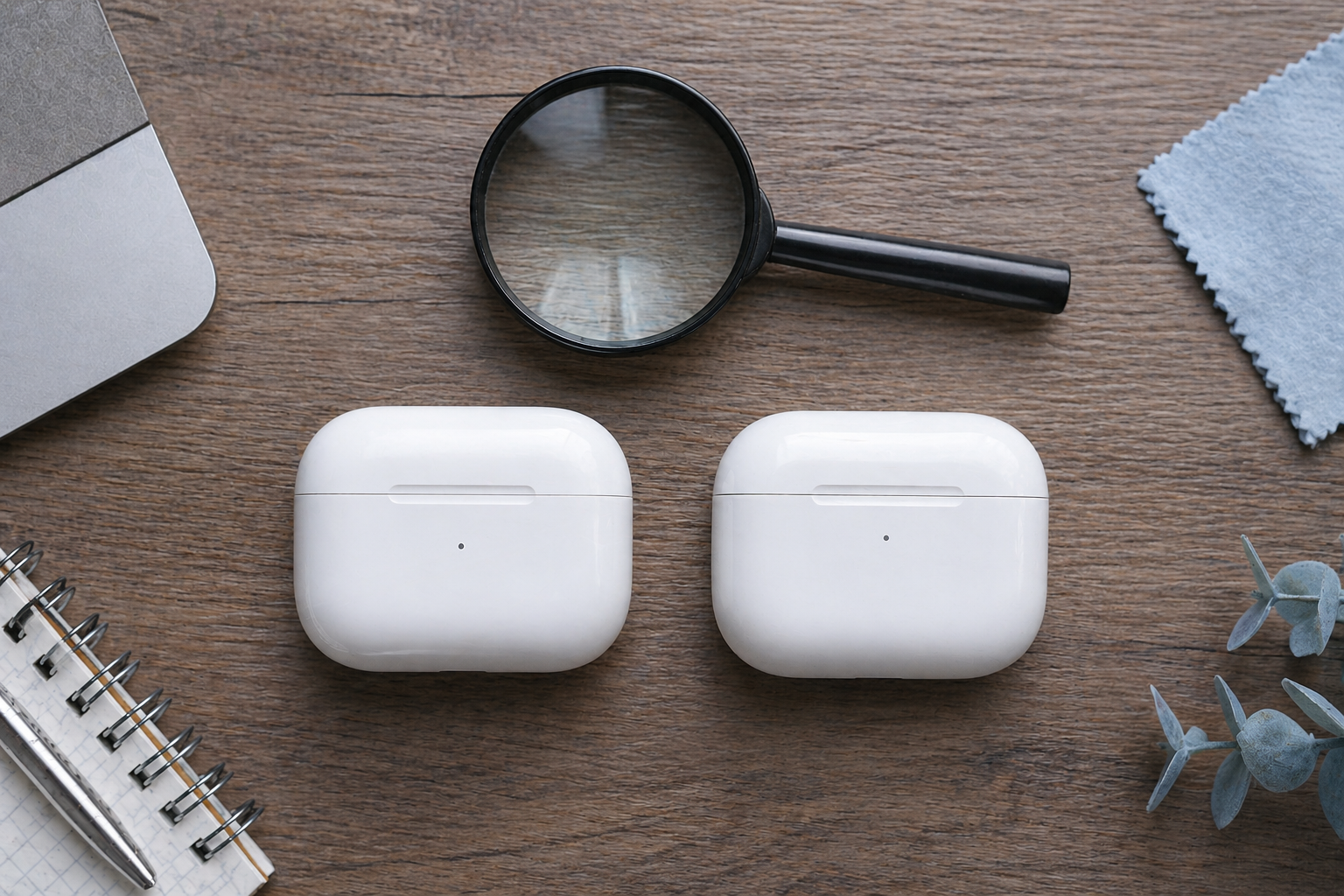 AirPods 偽物の見分け方を示すヒーロー画像（充電ケース2台と虫眼鏡）