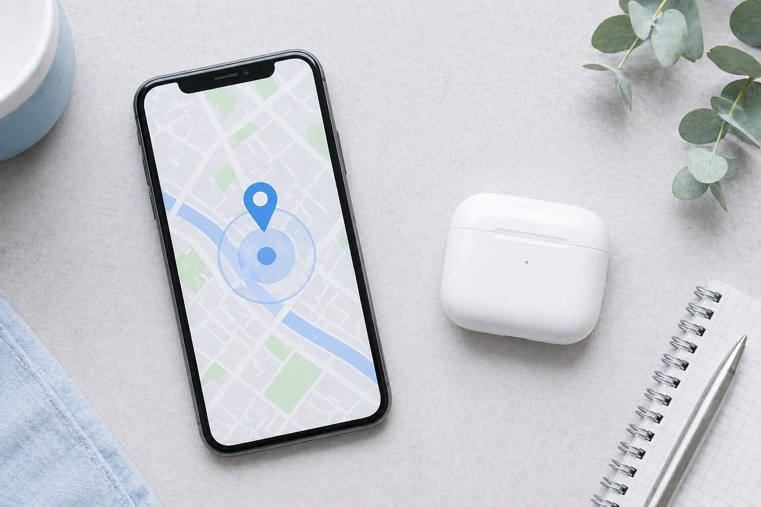 AirPods 位置情報リスク対処を示すヒーロー画像（地図ピンとイヤホン）