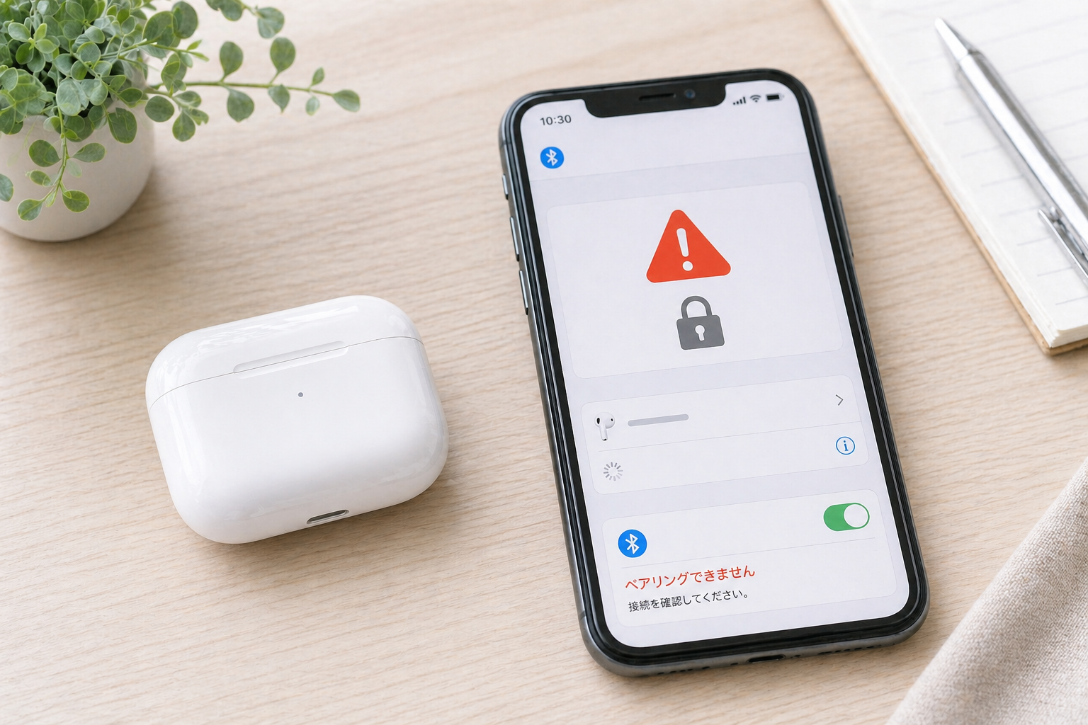 AirPods 初期化されていない時の対処を示すヒーロー画像（警告マーク付きスマホ）