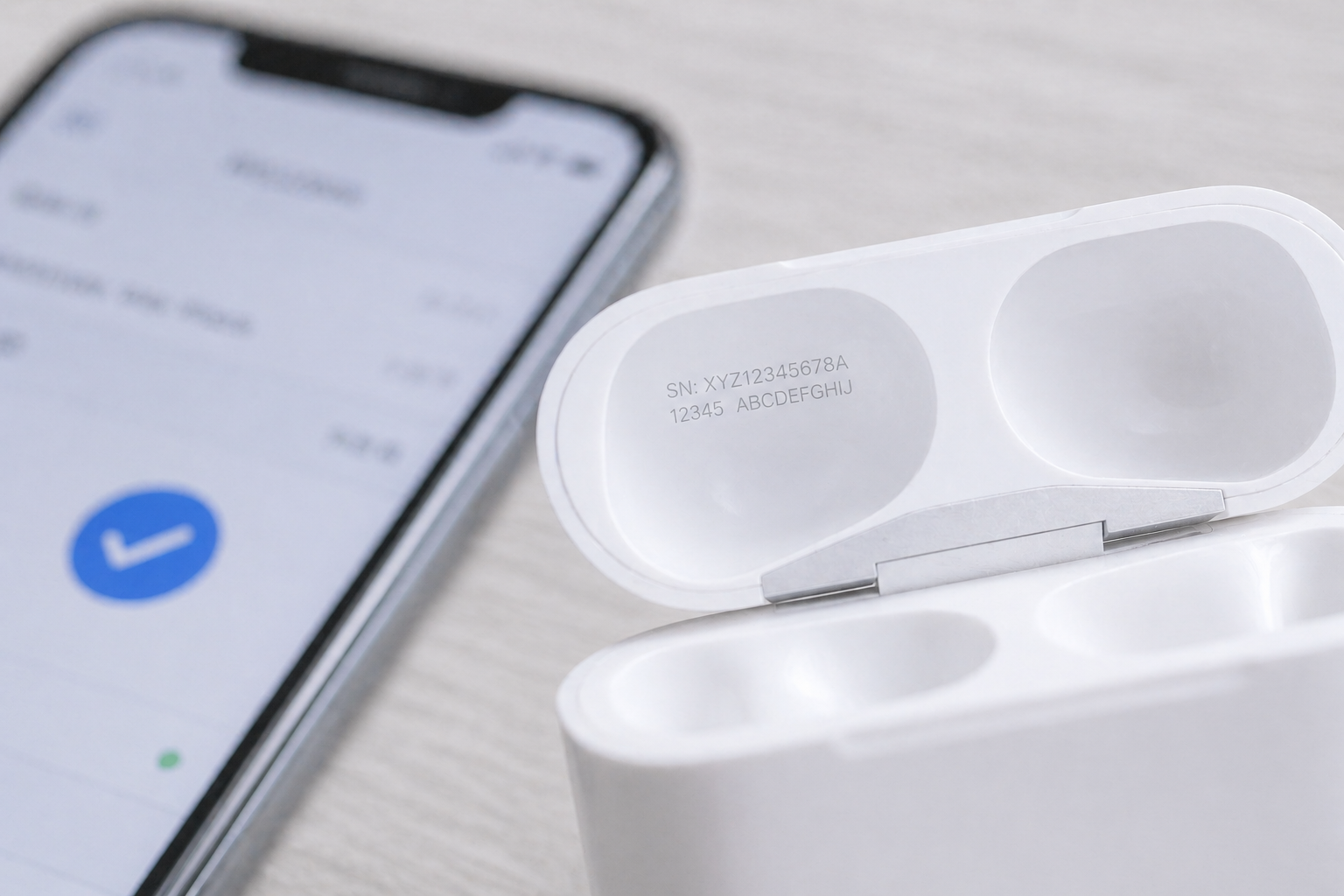 AirPods シリアルナンバー確認手順を示すヒーロー画像（充電ケース内側のシリアル）
