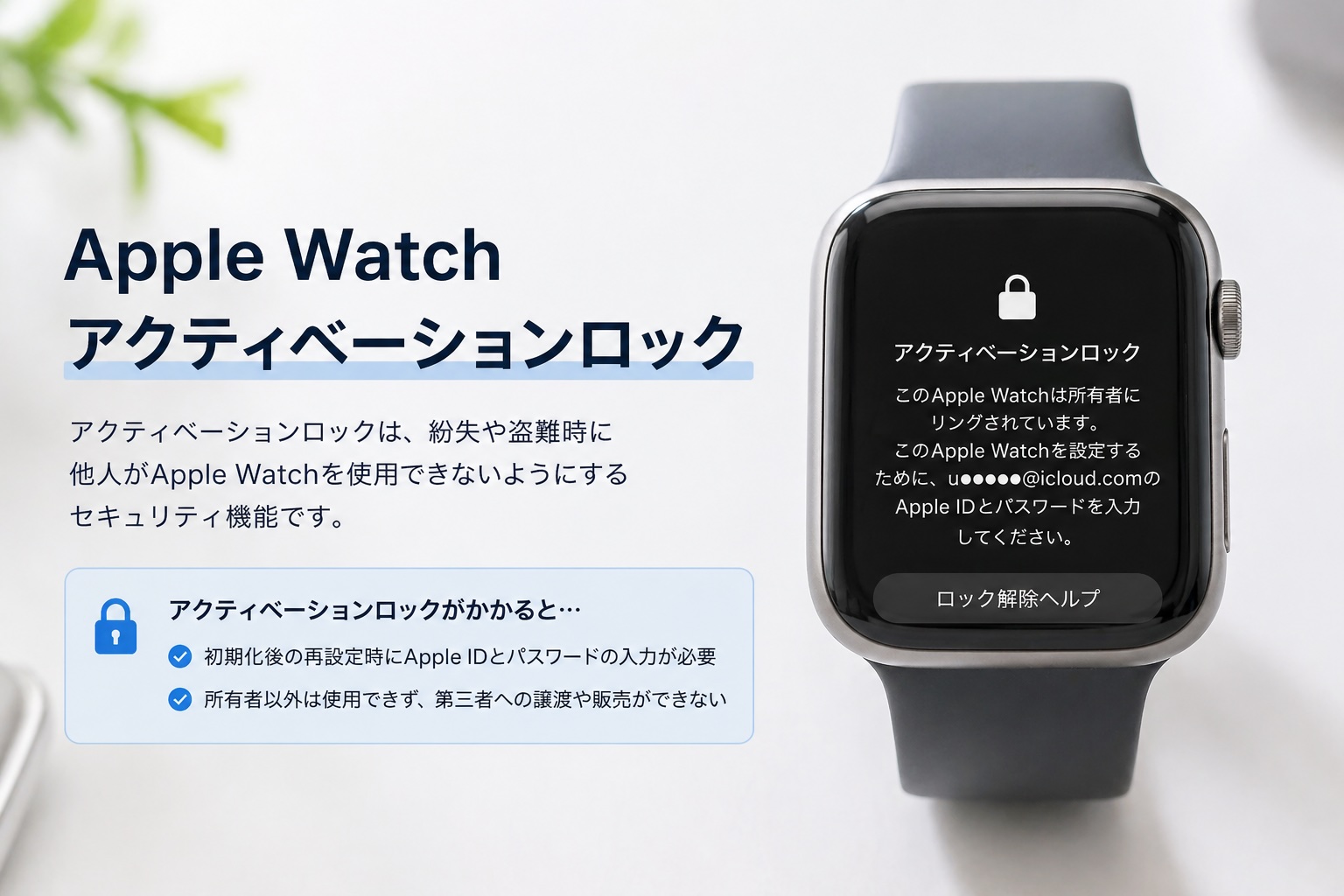 Apple Watch アクティベーションロック画面の例（前所有者のメールアドレスがマスク表示）