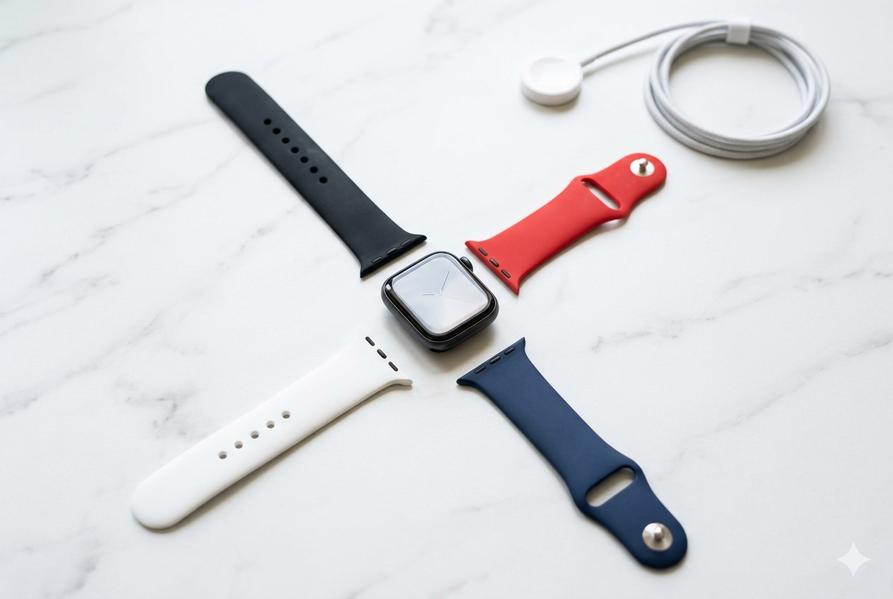 Apple Watch バンド・充電器の選び方を示すヒーロー画像（複数色のバンド）