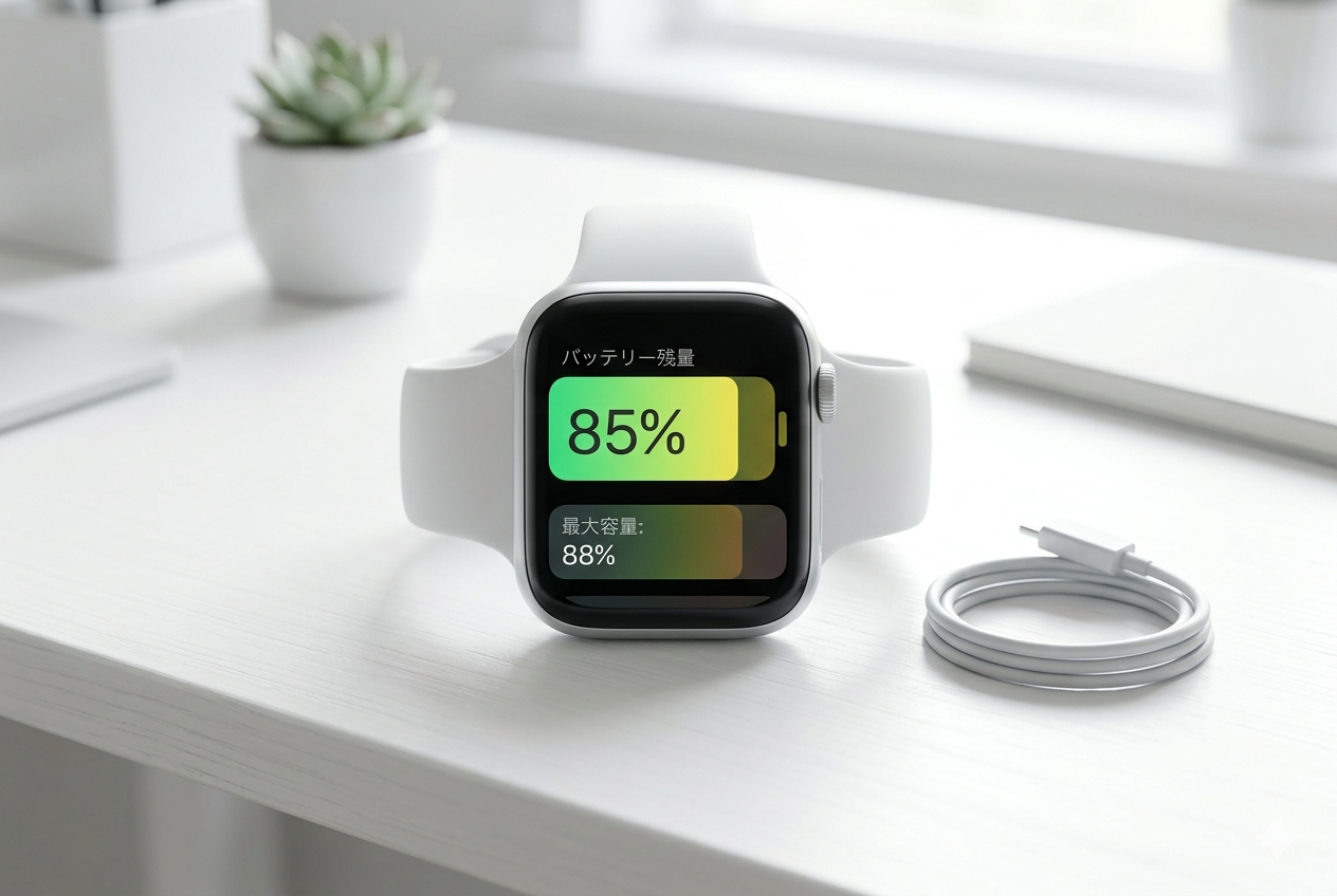 Apple Watch バッテリー劣化の確認方法を示すヒーロー画像（バッテリー残量表示）