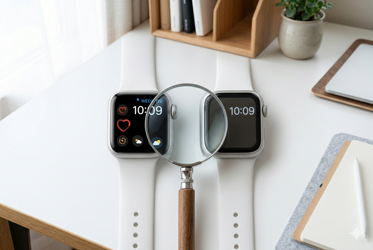 Apple Watch 偽物の見分け方を示すヒーロー画像（スマートウォッチ2台比較）