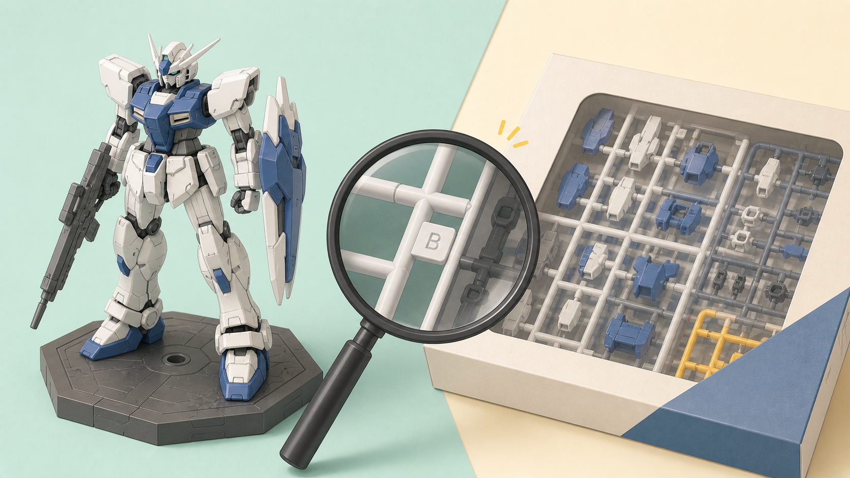 ガンプラ・フィギュア 偽物（海賊版）の見分け方を示すヒーロー画像（ロボットプラモとパッケージ）