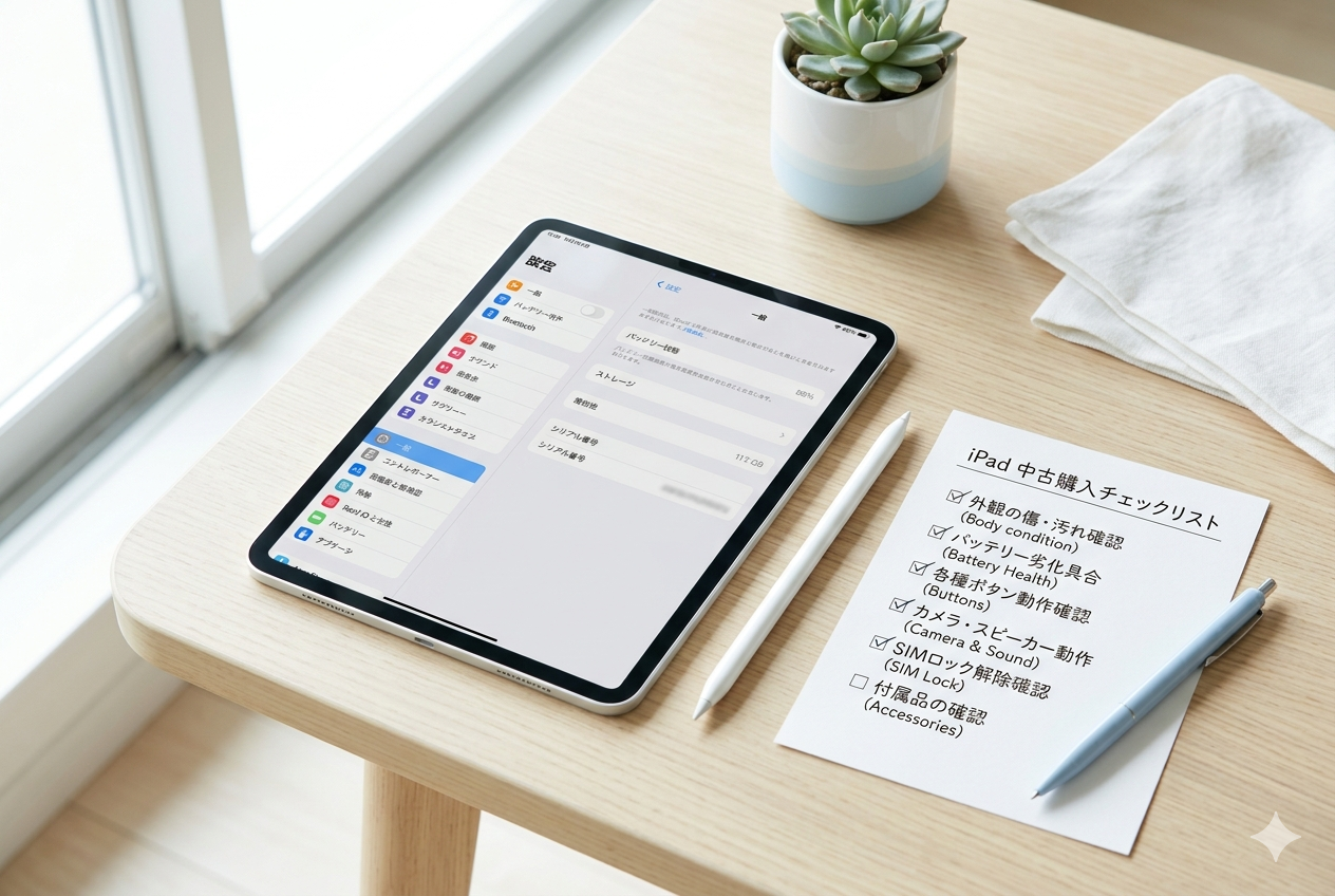 iPad 中古購入チェックリストを示すヒーロー画像（タブレットとスタイラス）