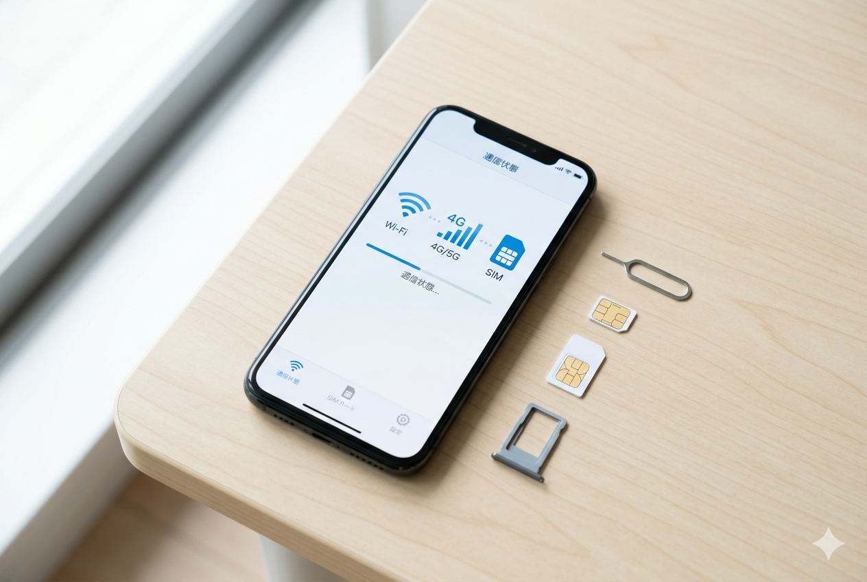 iPhone ネットワーク利用制限の確認方法を示すヒーロー画像（SIM カードとスマホ）