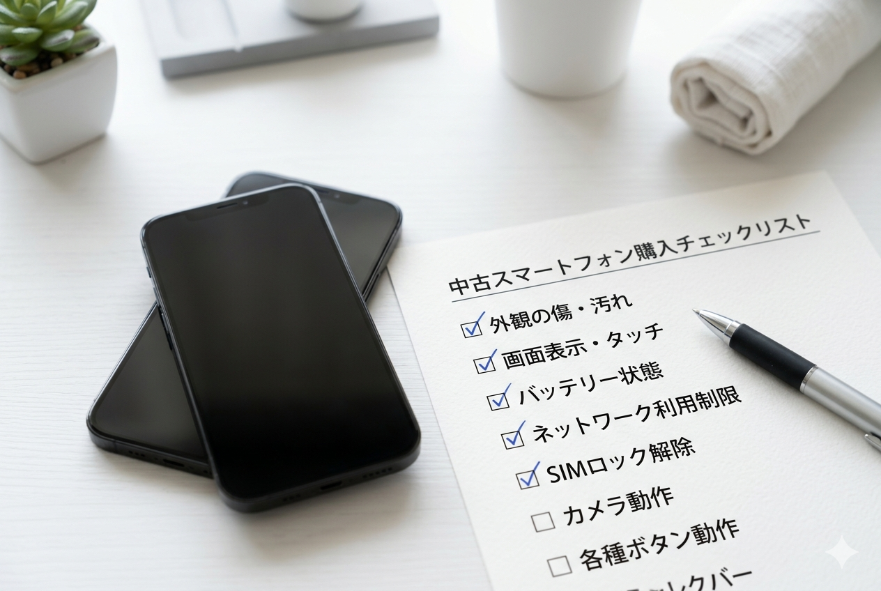 iPhone 中古購入チェックリストを示すヒーロー画像（スマホとチェック項目）