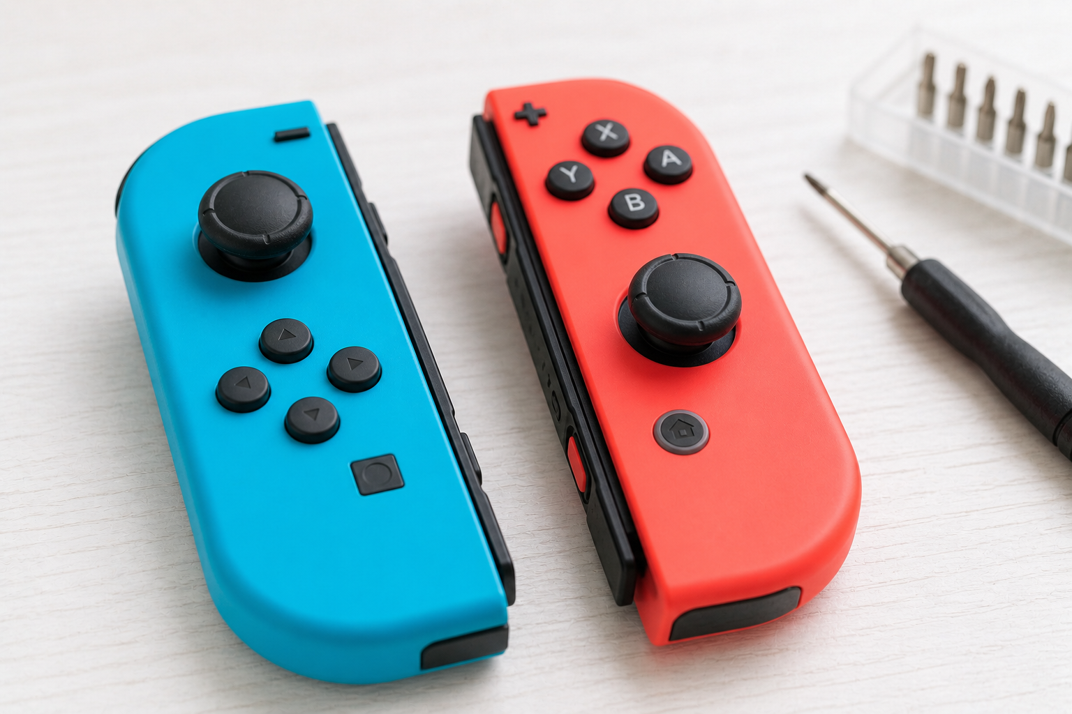 Joy-Con ドリフト確認・修理判断を示すヒーロー画像（左右ペアのコントローラーと工具）