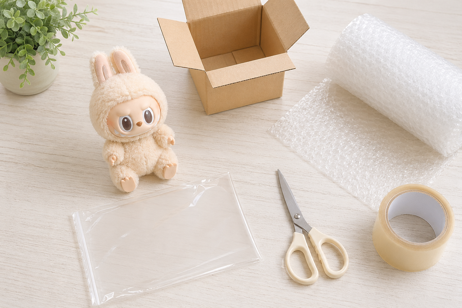 ラブブ 発送方法を示すヒーロー画像（プラッシュフィギュアと梱包資材）