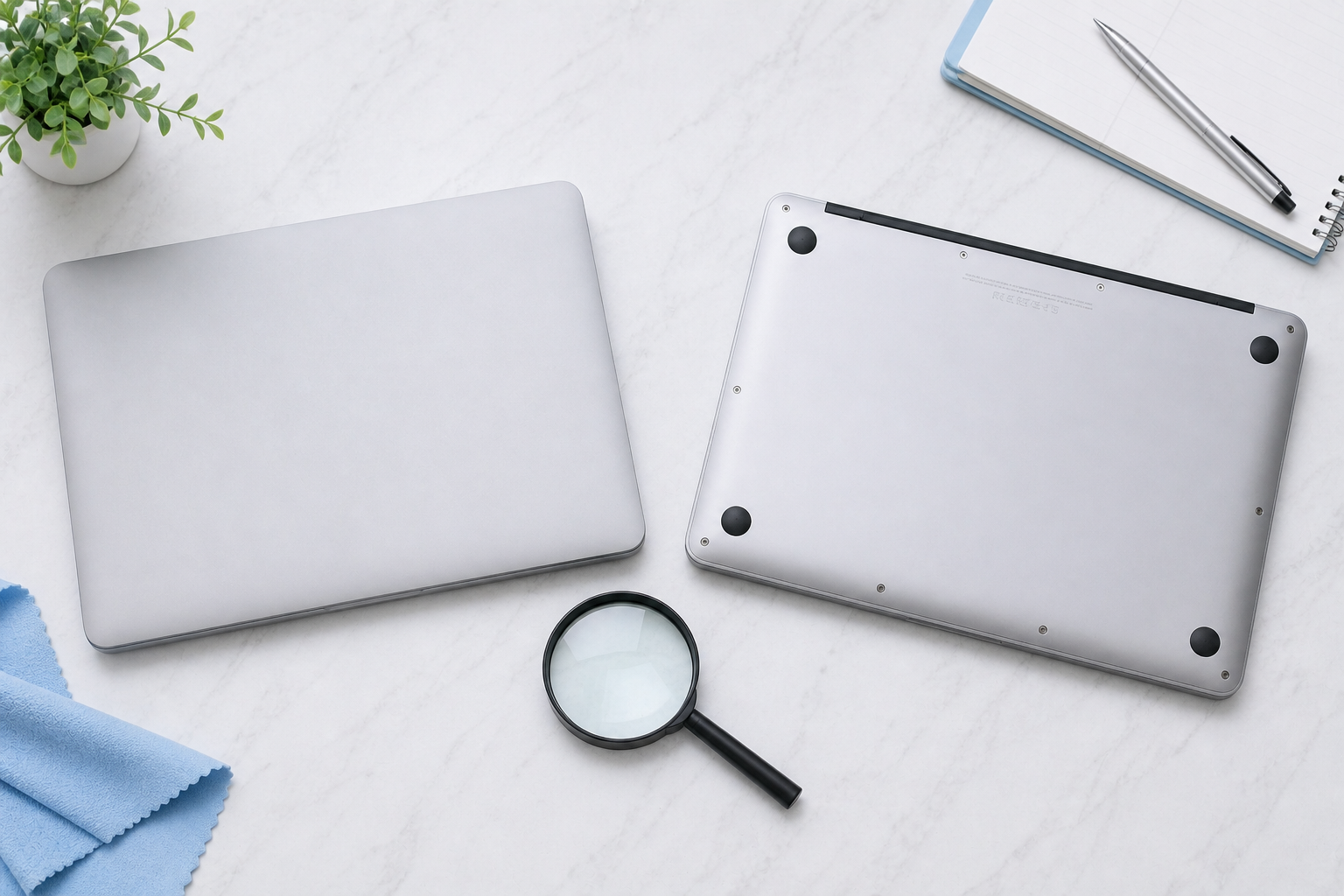 MacBook 偽物・改造品の見分け方を示すヒーロー画像（ノートPC2台と虫眼鏡）