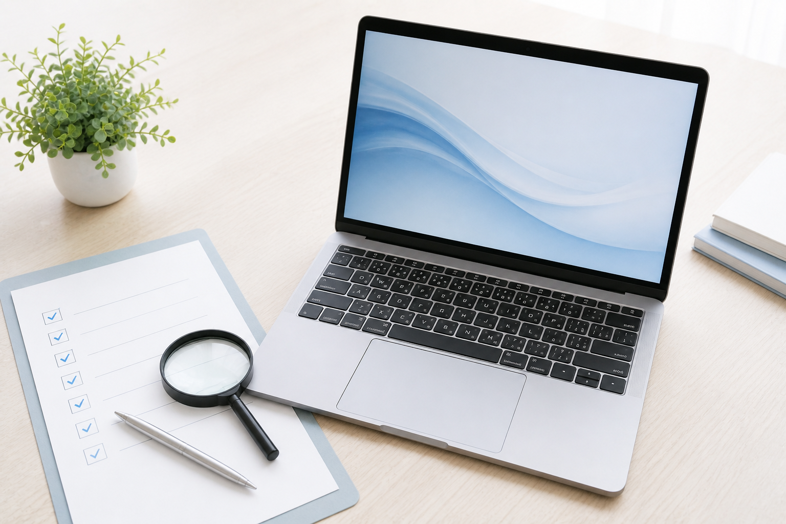MacBook 中古購入チェックリストを示すヒーロー画像（ノートPCとチェックリスト・虫眼鏡）