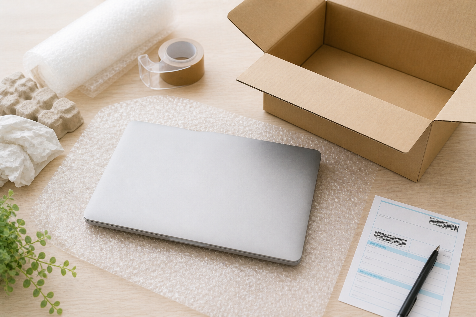 MacBook 発送方法と梱包を示すヒーロー画像（ノートPCと梱包資材・段ボール）