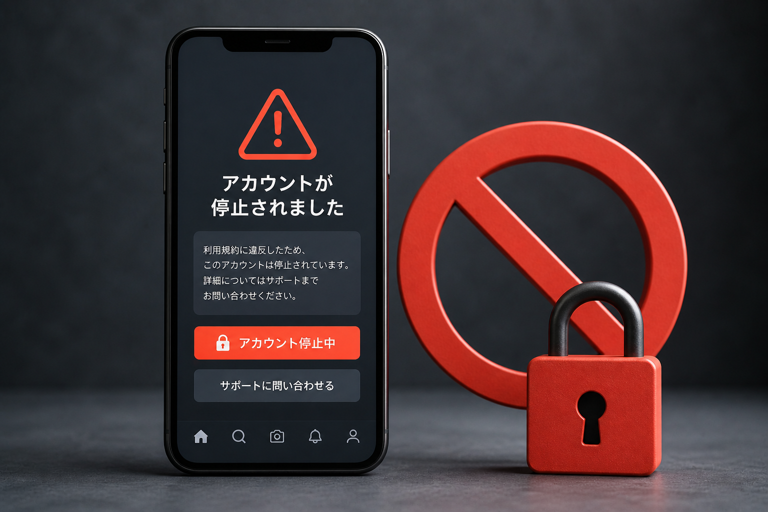 メルカリ アカウント停止 事例と復活可否を示すヒーロー画像（警告画面と鍵マーク）