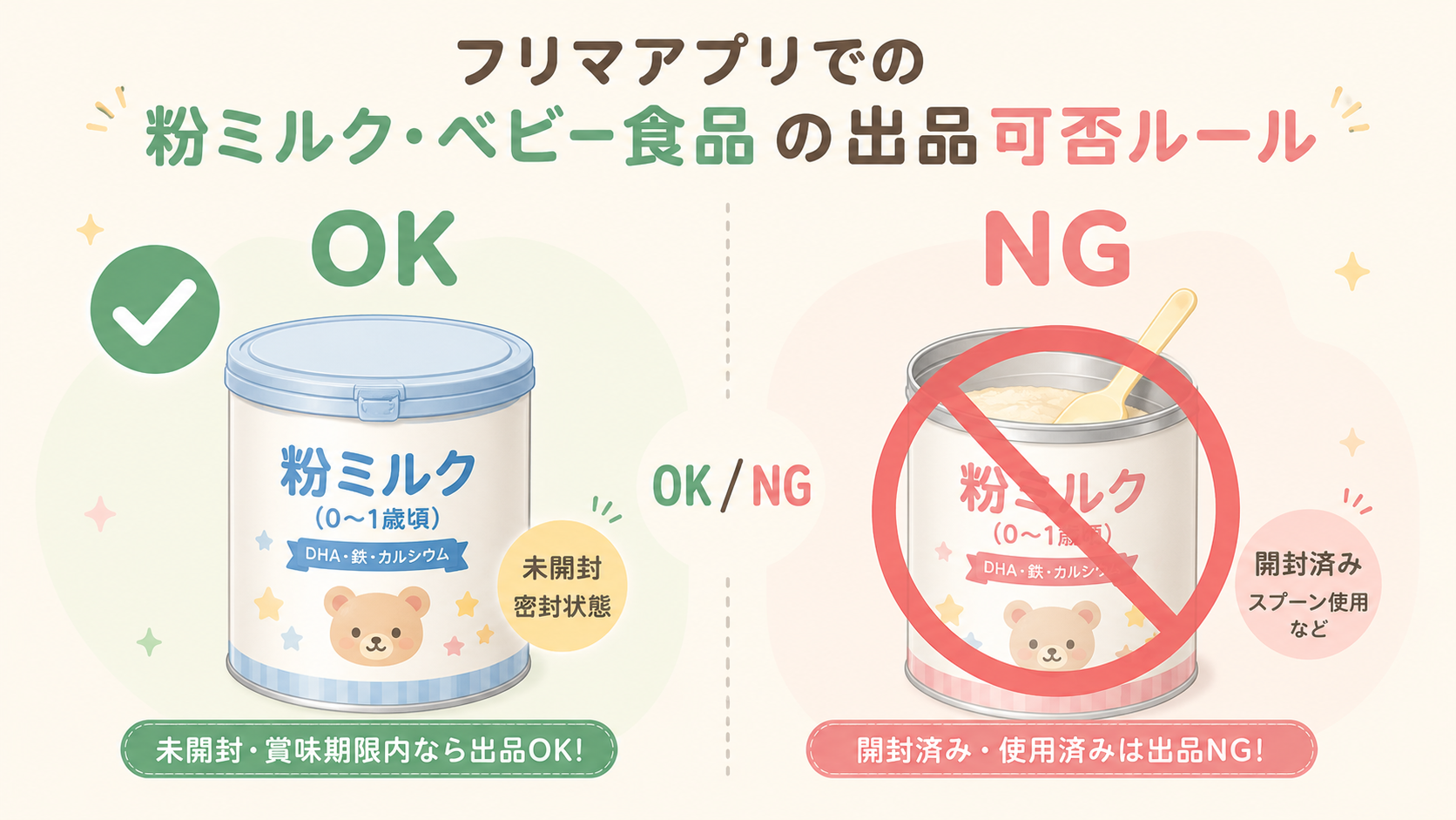メルカリ 粉ミルク・ベビー用品の出品ルールを示すヒーロー画像（粉ミルク缶と注意マーク）