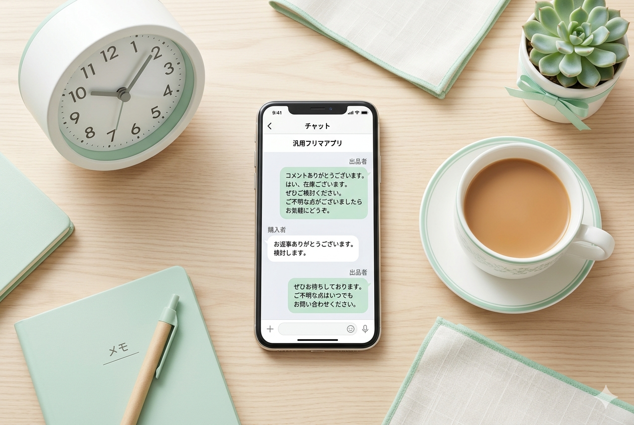 メルカリ コメント運用術を示すヒーロー画像（チャット画面と時計）