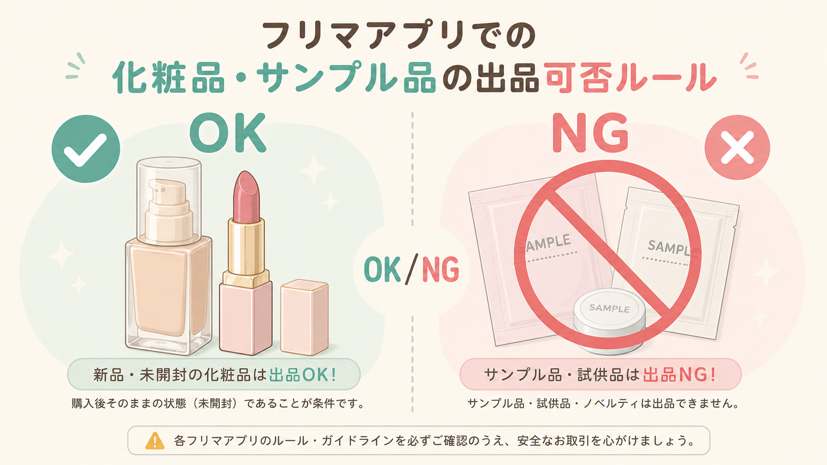 メルカリ 化粧品・サンプル品の出品ルールを示すヒーロー画像（コスメと注意マーク）