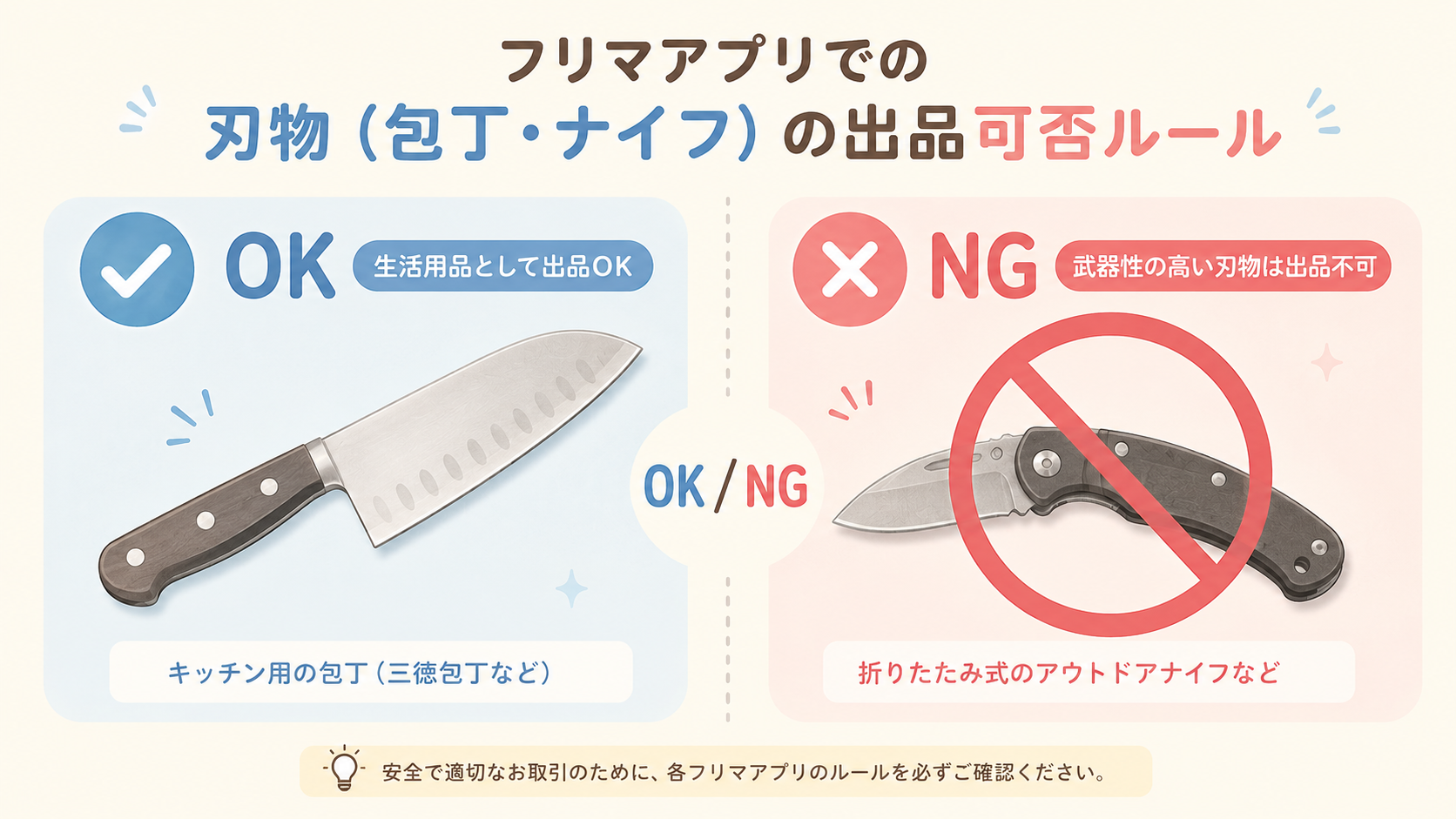 メルカリ 包丁・ナイフの出品ルールを示すヒーロー画像（キッチン包丁と禁止マーク）
