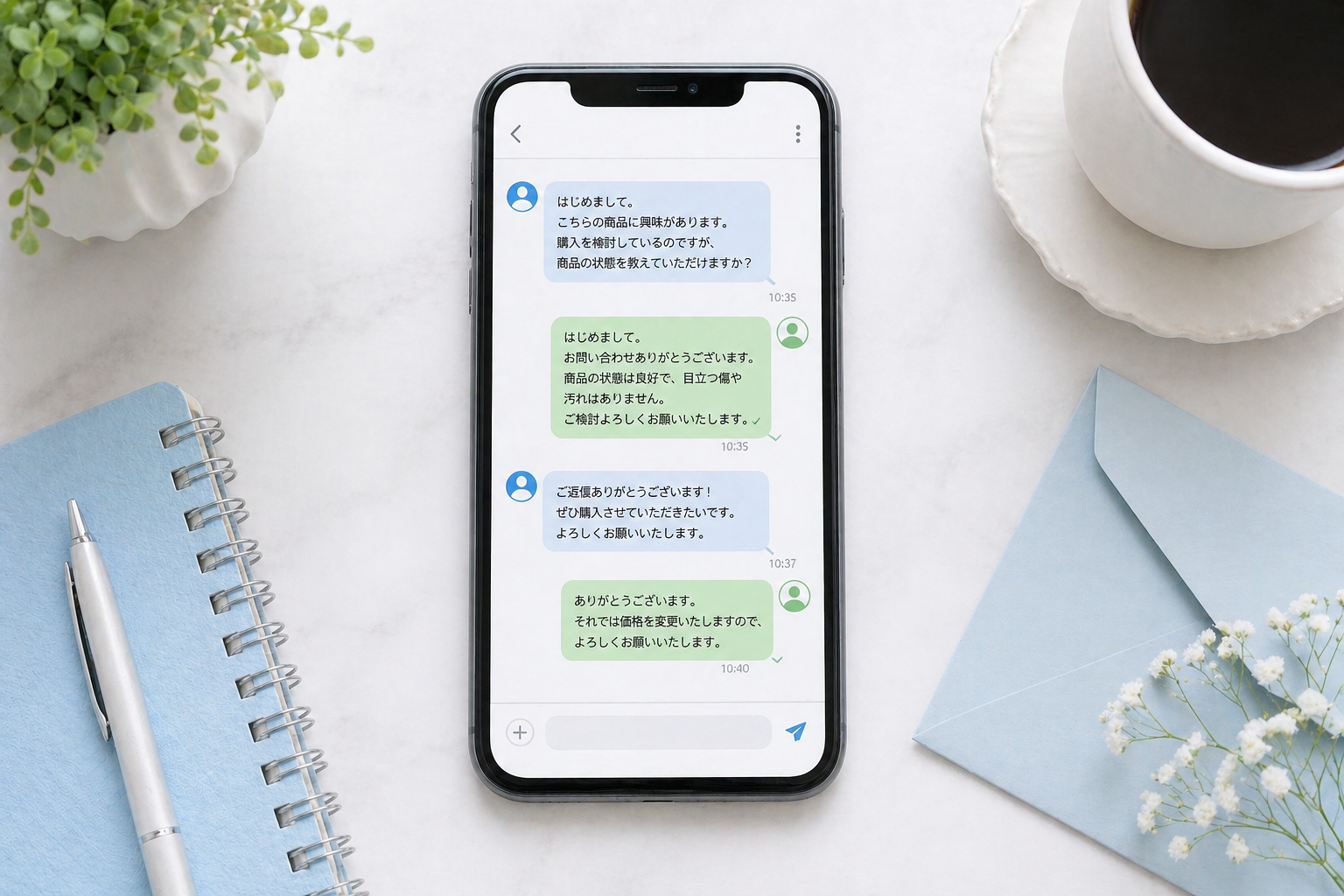 メルカリ 取引メッセージのテンプレート集を示すヒーロー画像（チャット画面）