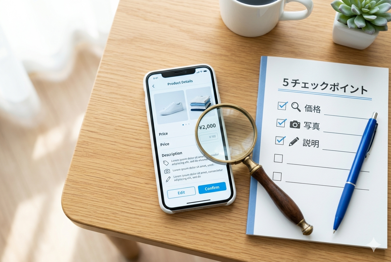 メルカリで売れない時の対処法を示すヒーロー画像（出品画面と虫眼鏡）