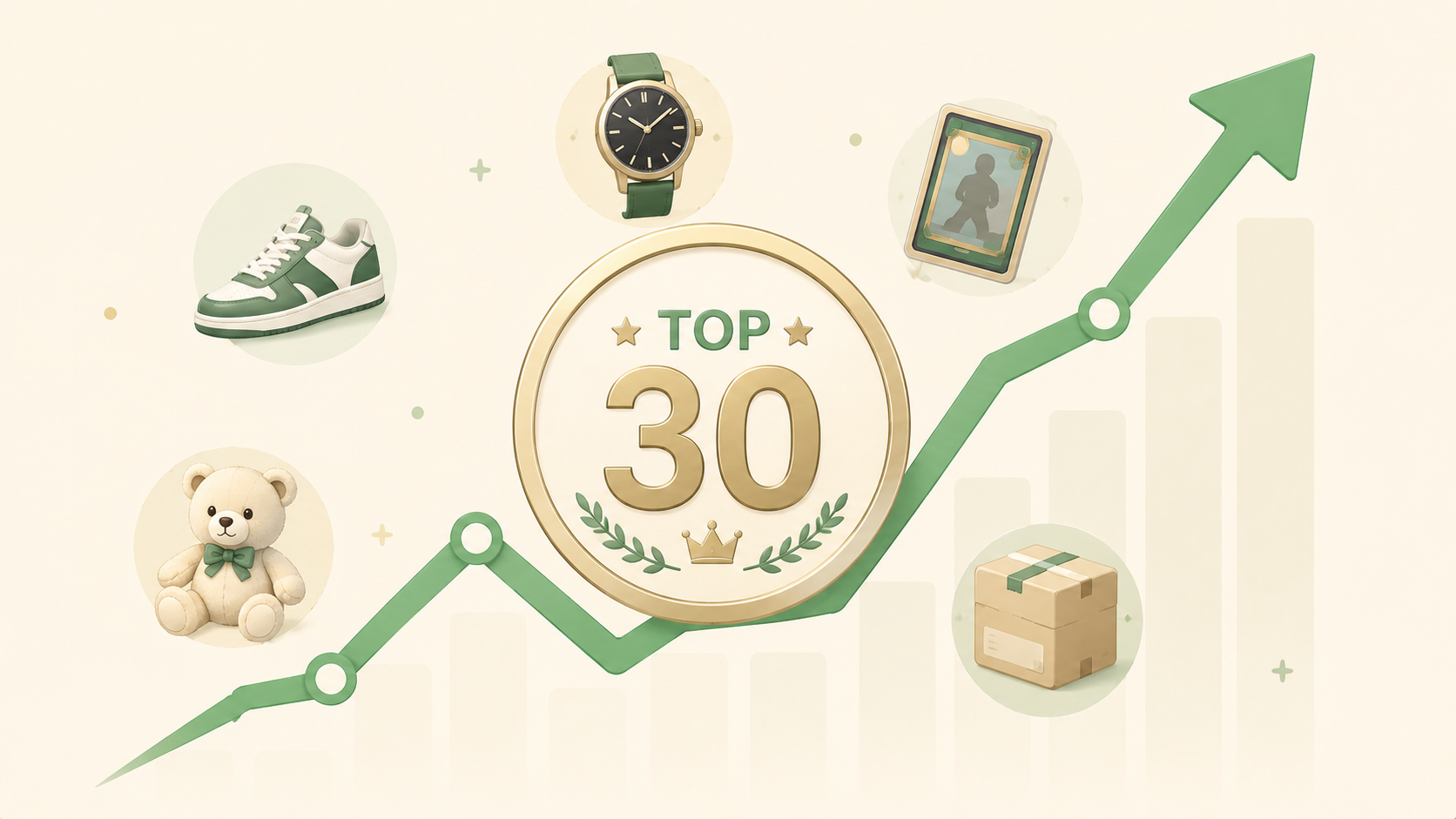 メルカリ 値上がり商品ランキング TOP 30 を示すヒーロー画像（上昇チャートと商品アイコン）