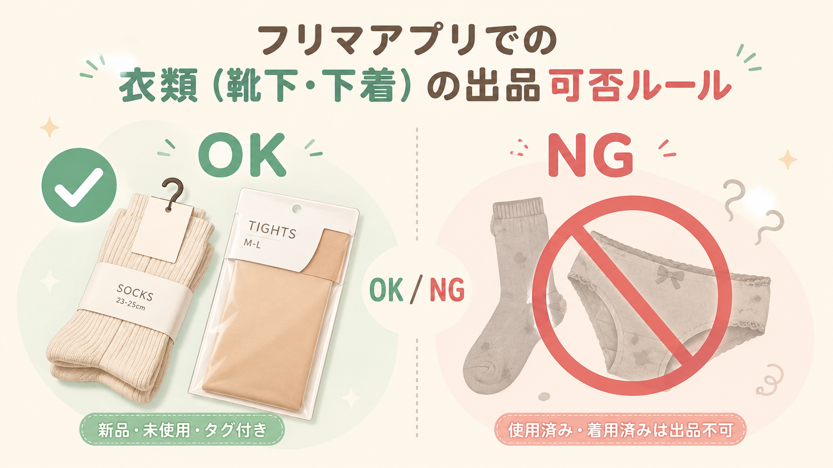 メルカリ 靴下・下着の出品禁止ルールを示すヒーロー画像（衣類と禁止マーク）