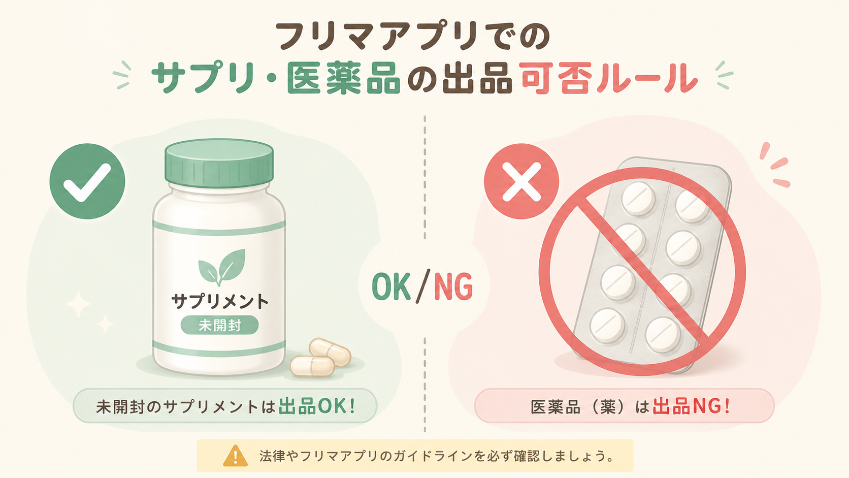 メルカリ サプリ・医薬品の出品ルールを示すヒーロー画像（サプリボトルと注意マーク）