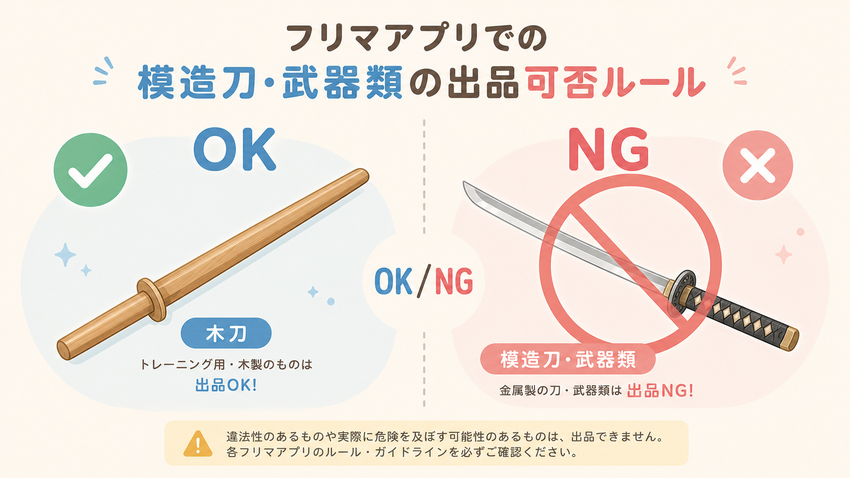 メルカリ 模造刀・エアガンの出品ルールを示すヒーロー画像（刀と禁止マーク）