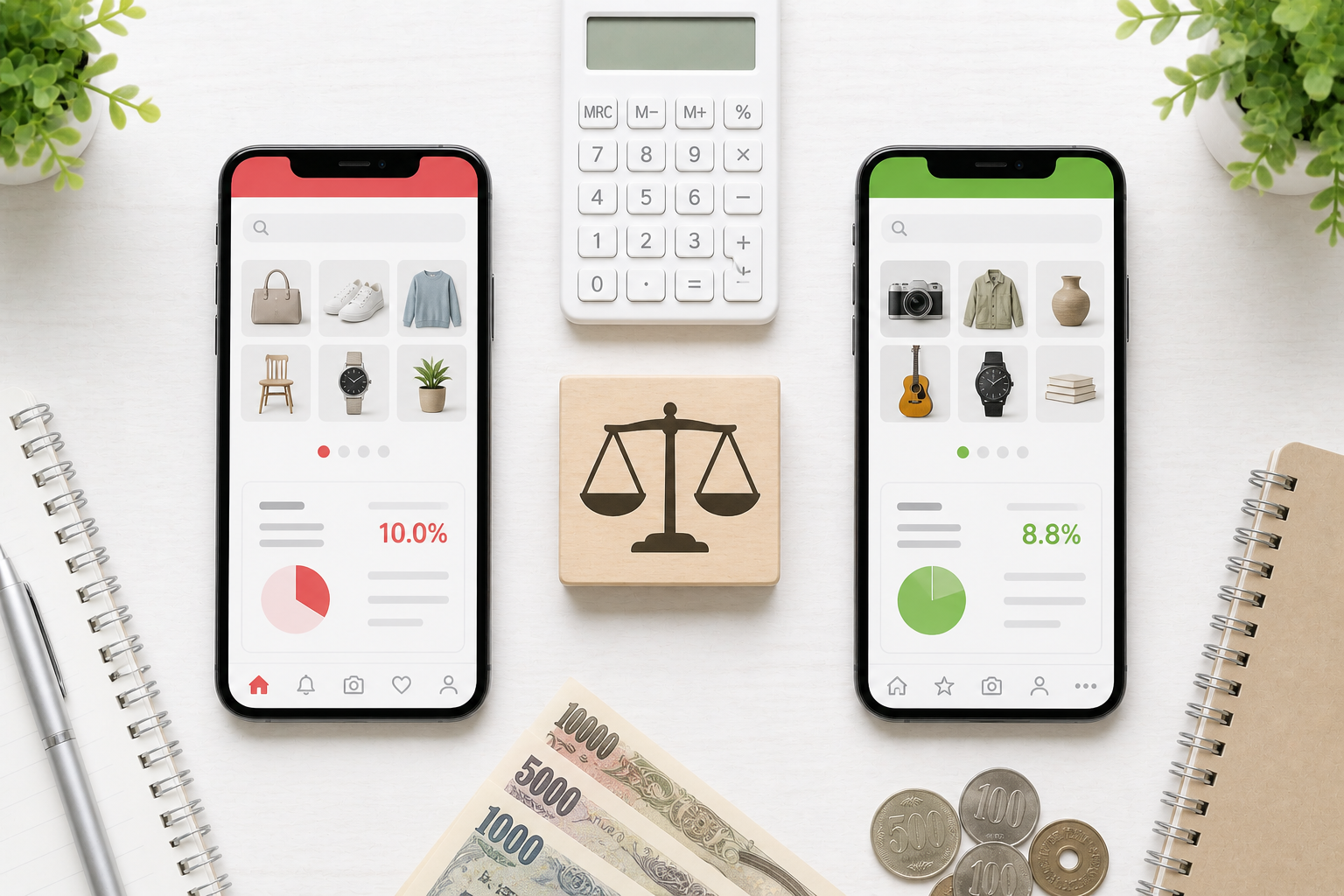 メルカリ vs ヤフオク 手数料比較を示すヒーロー画像（2つのスマホと天秤・電卓）