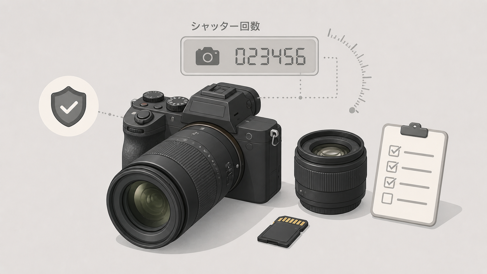 ミラーレスカメラ 中古購入チェックを示すヒーロー画像（カメラボディとレンズ・SDカード）