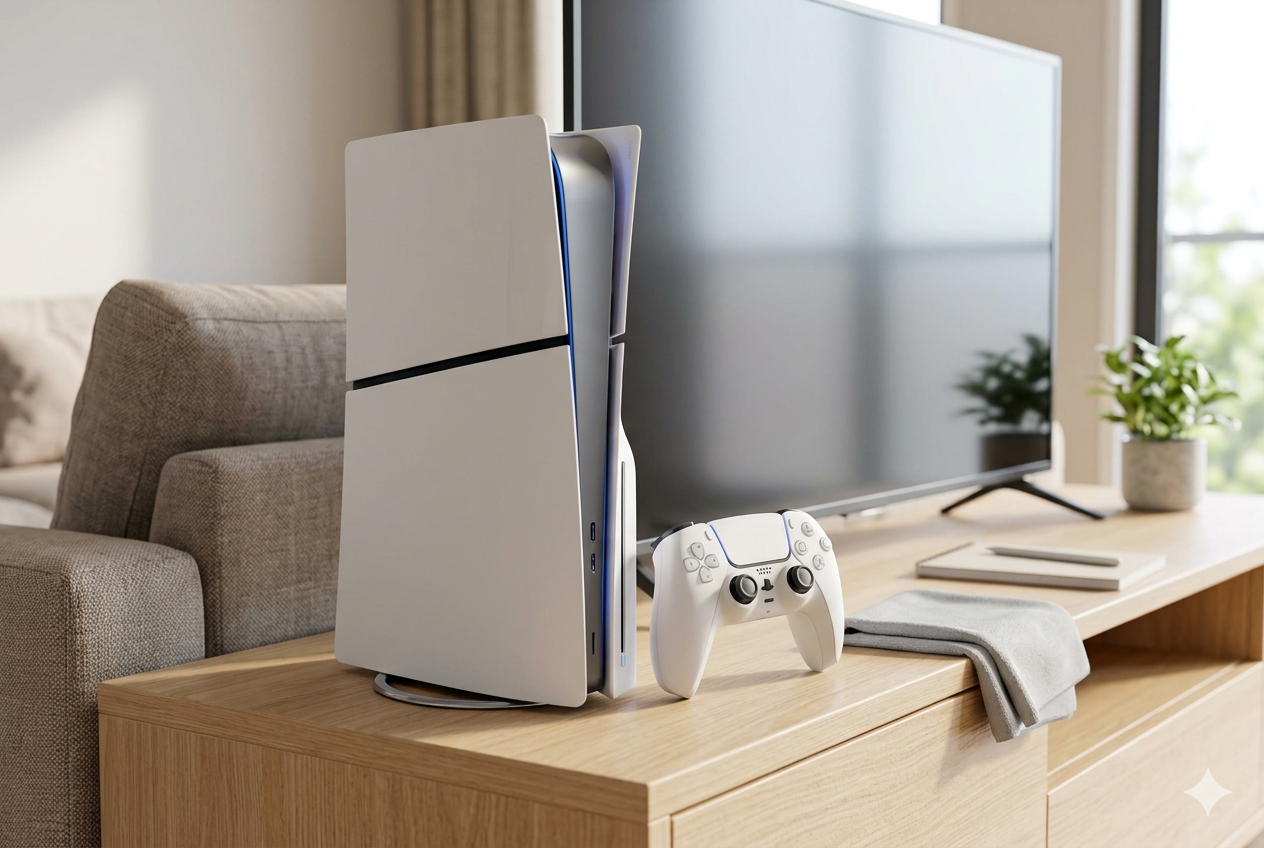 PS5 中古購入ガイドを示すヒーロー画像（ゲーム機本体とコントローラー）