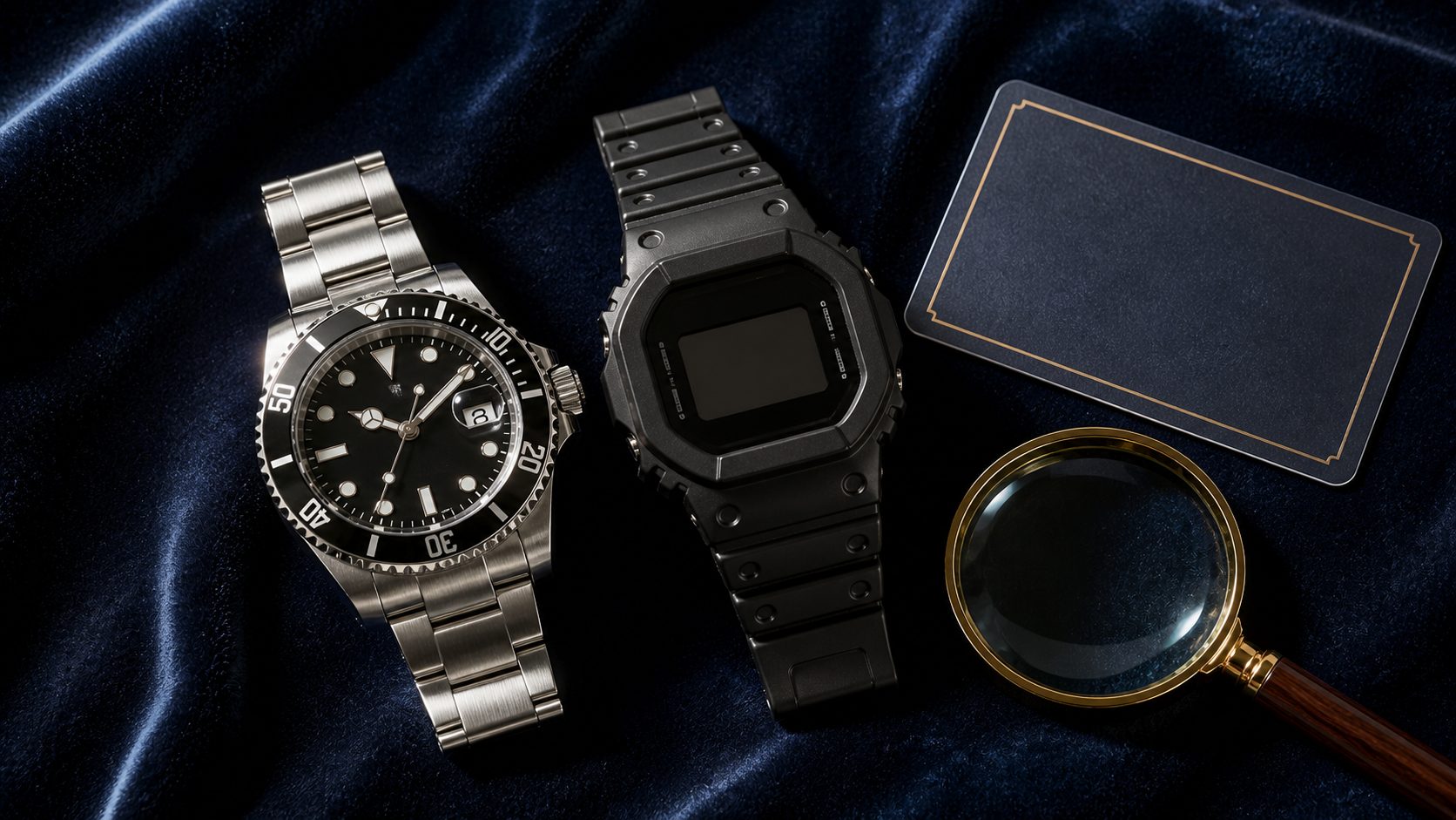 ロレックス・G-SHOCK 中古購入ガイドを示すヒーロー画像（高級腕時計2本と保証書）