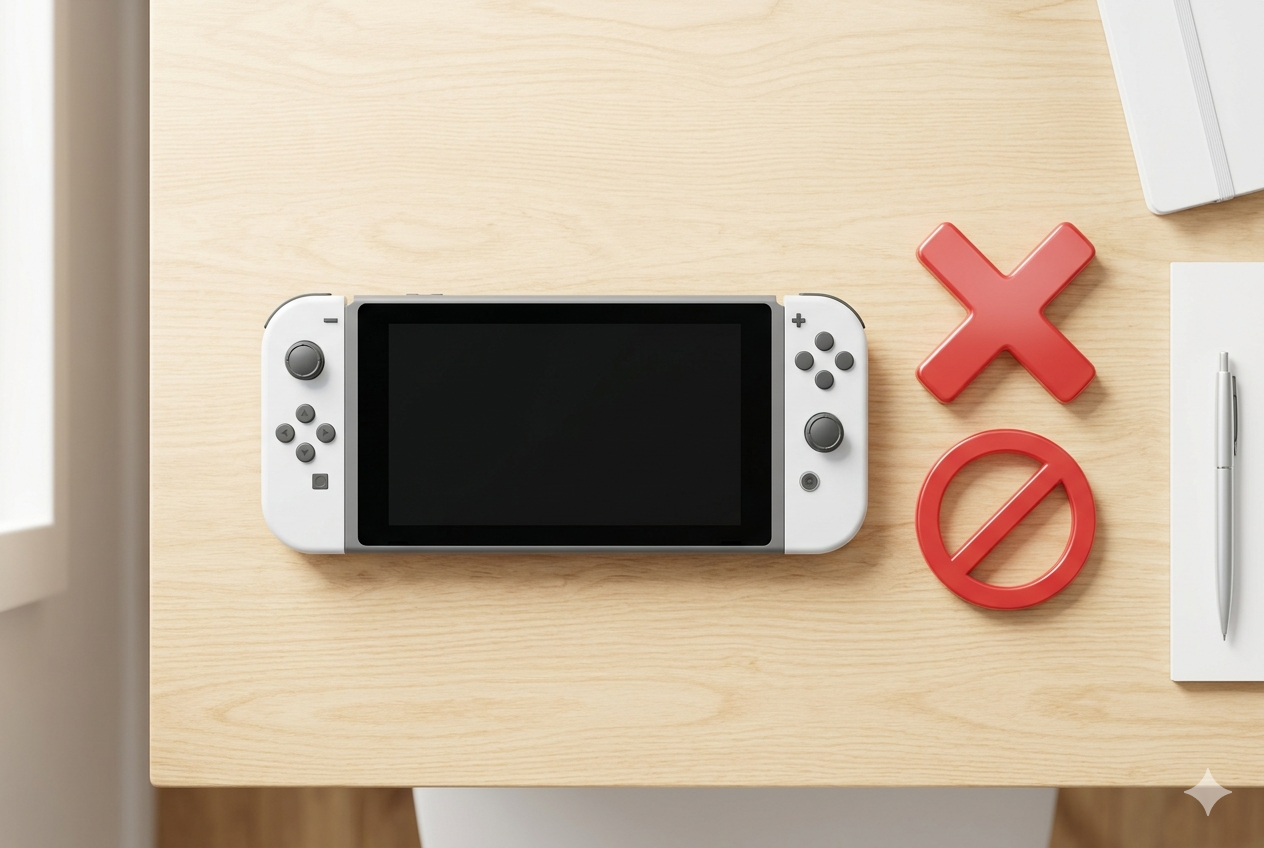 Switch2 出品禁止と現在の取引状況を示すヒーロー画像（携帯ゲーム機と禁止マーク）