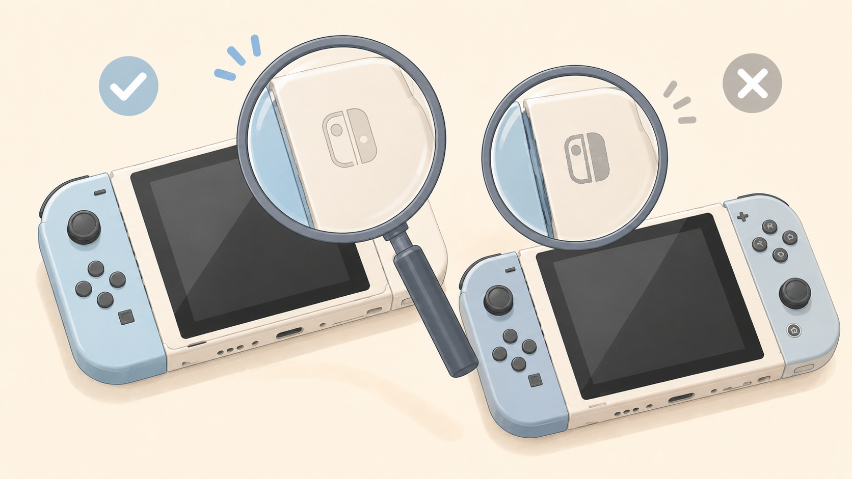 Switch 2 偽物の見分け方を示すヒーロー画像（携帯ゲーム機 2 台と虫眼鏡）