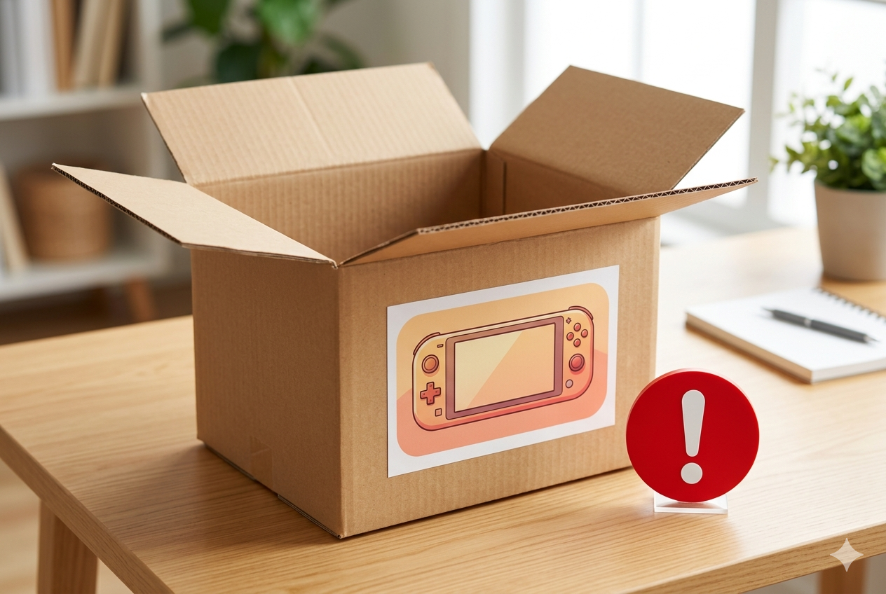 Switch2 偽物・空箱詐欺の対策を示すヒーロー画像（空の段ボール箱）