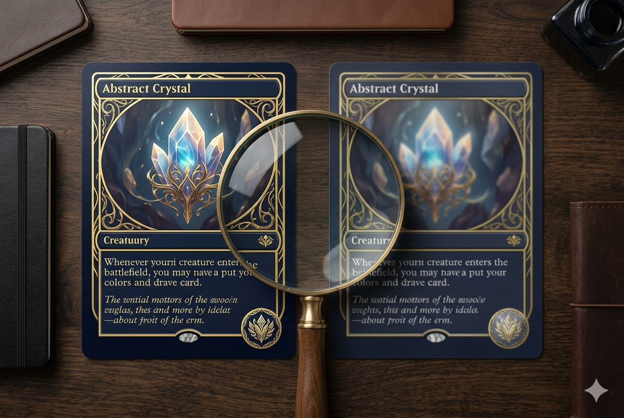 遊戯王カード 偽物の見分け方を示すヒーロー画像（カード2枚と虫眼鏡）